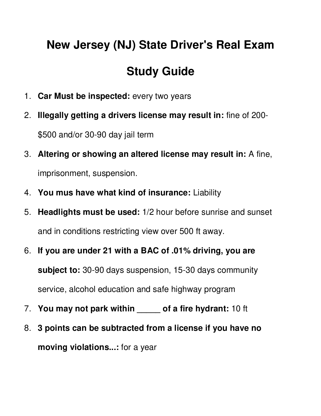 New Jersey (NJ) State Driver's Exam Study Guide 2023
