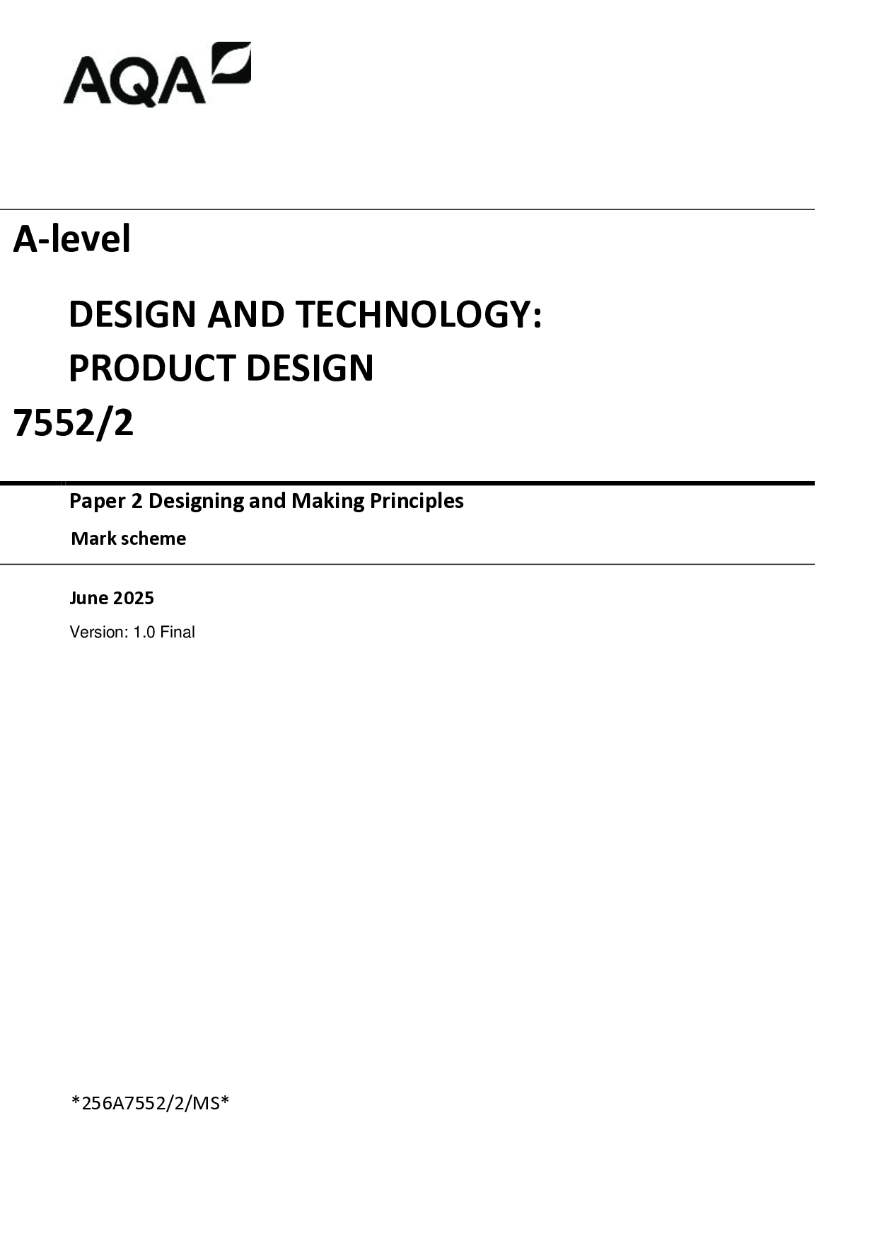 AQA A-Level Design and Technology: Product Design (7552/2) June 2025 Mark Scheme