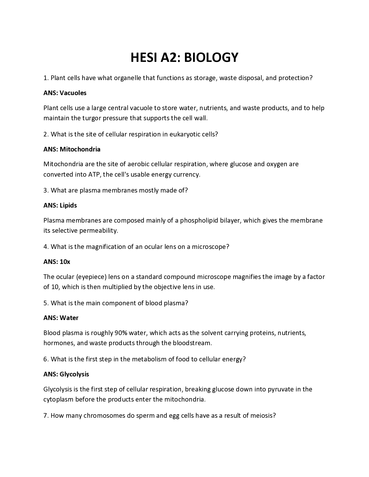 HESI A2 Biology Practice Questions