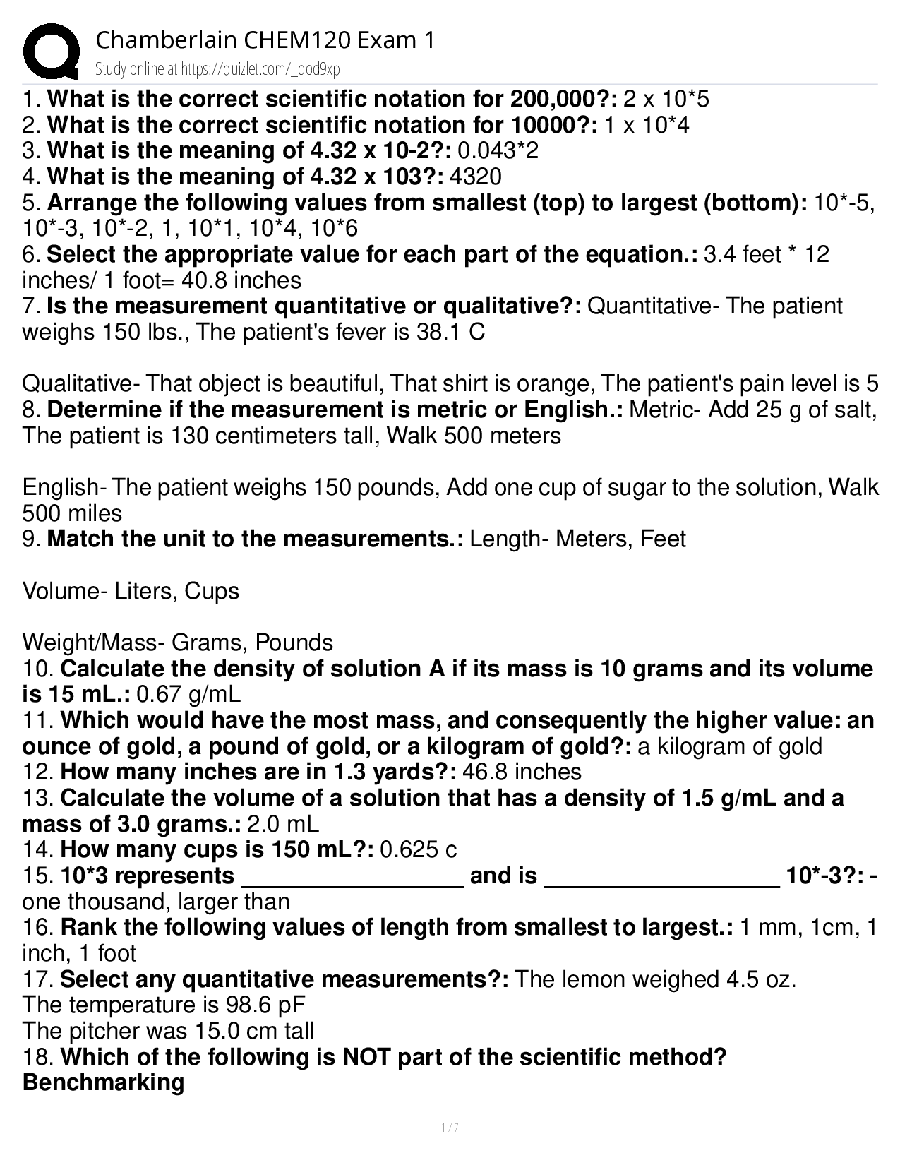 CHEM120 Intro to General, Organic & Biological Chemistry Exam 1 Study Guide