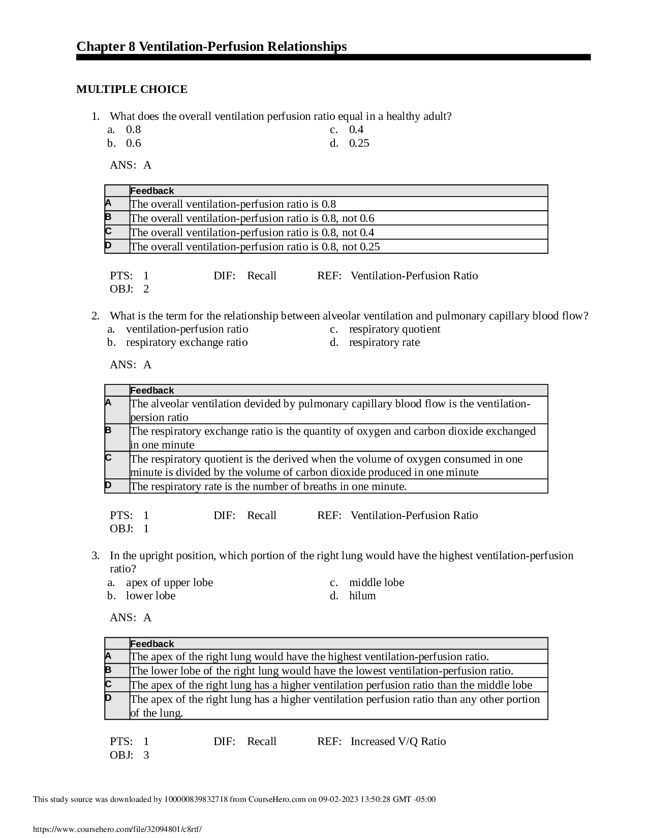 Ventilation-Perfusion Relationships Chapter 8 Test Bank