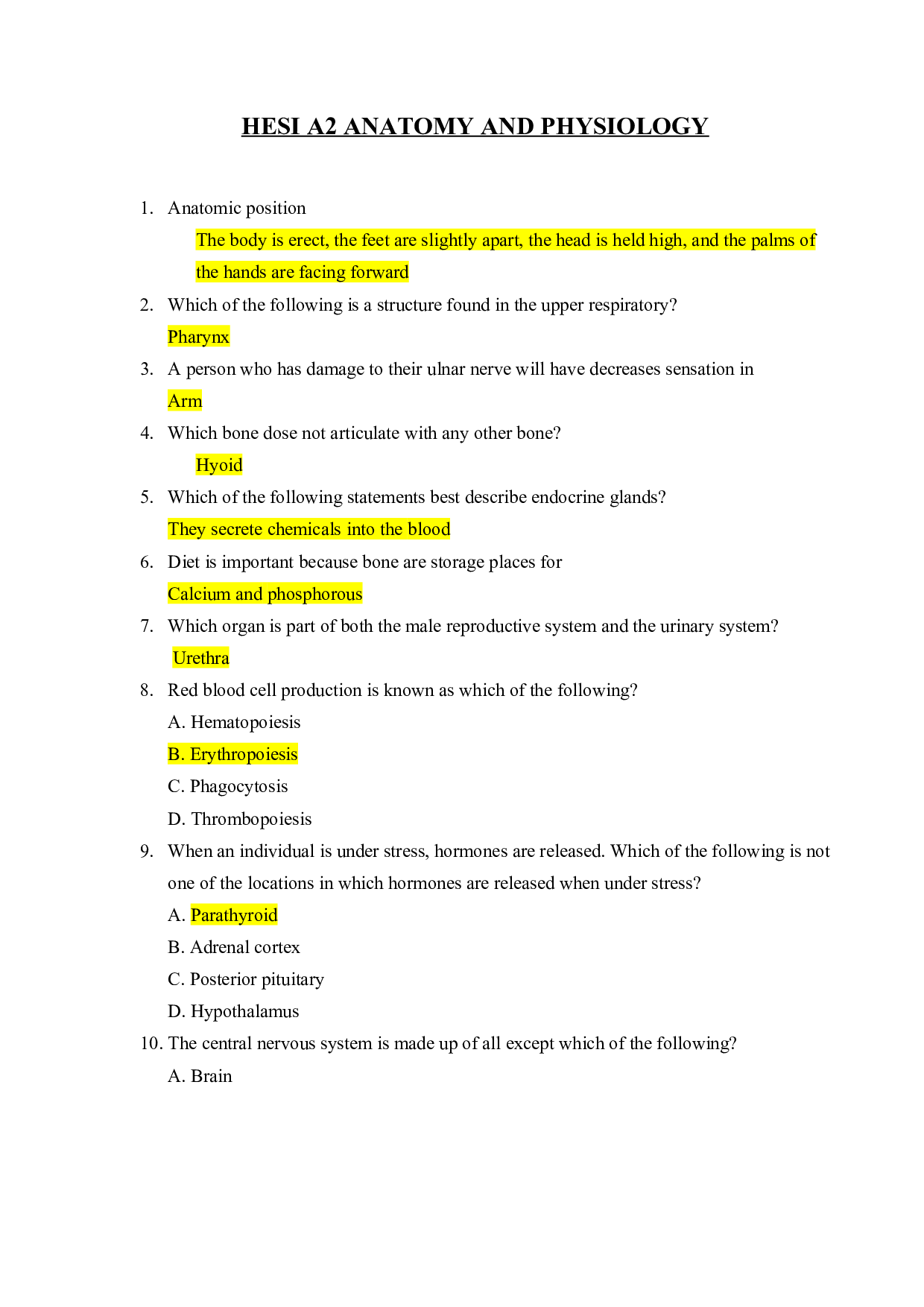 HESI A2 Anatomy and Physiology Practice Questions