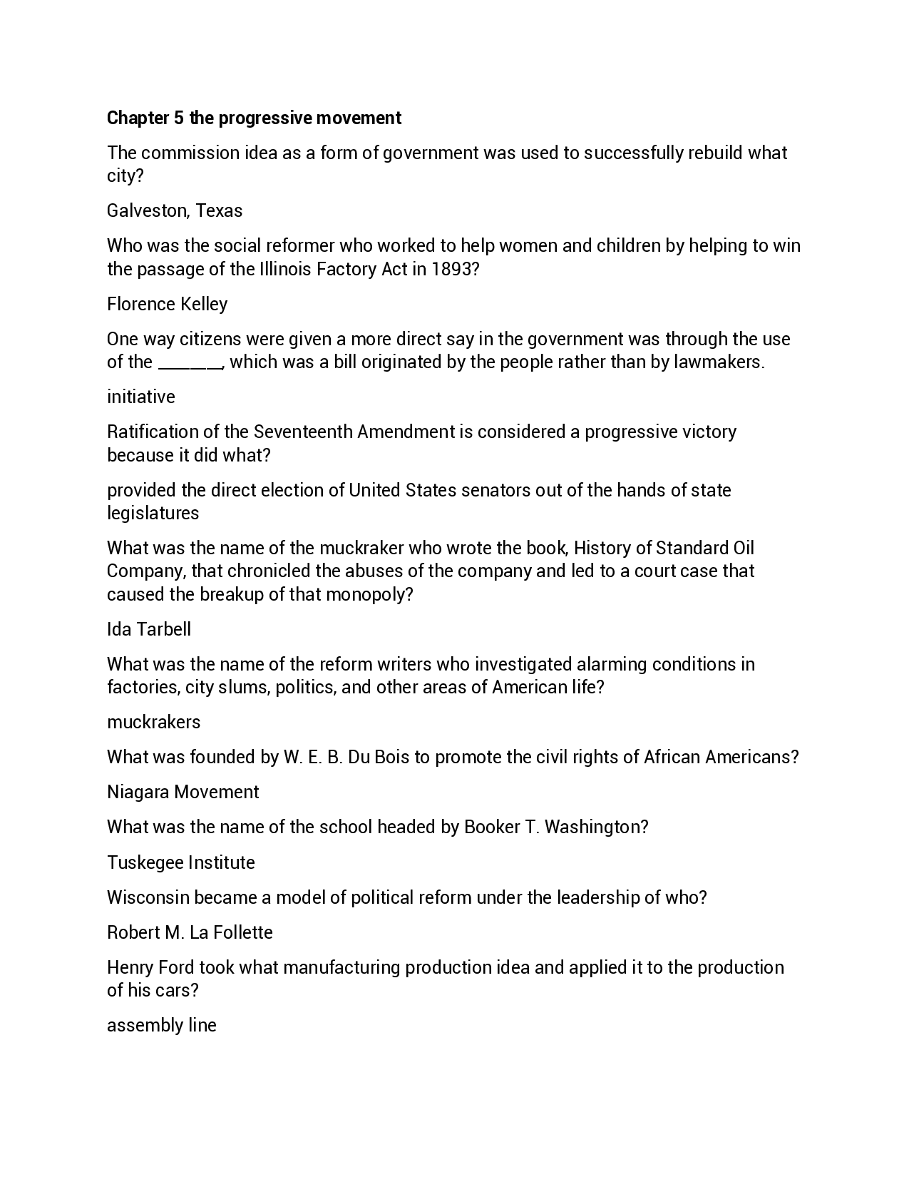 The Progressive Movement Chapter 5 Study Guide