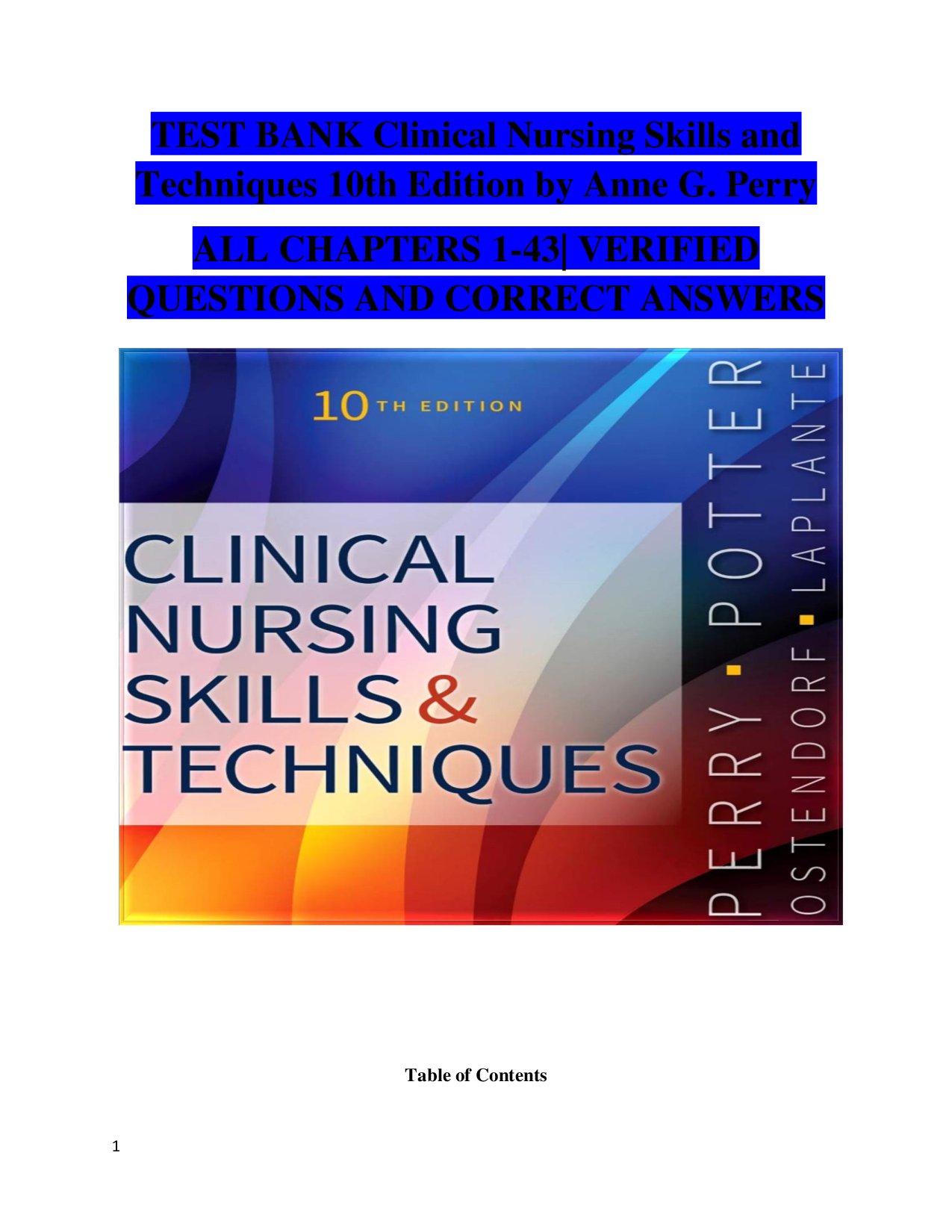 Clinical Nursing Skills and Techniques, 10th Edition Test Bank