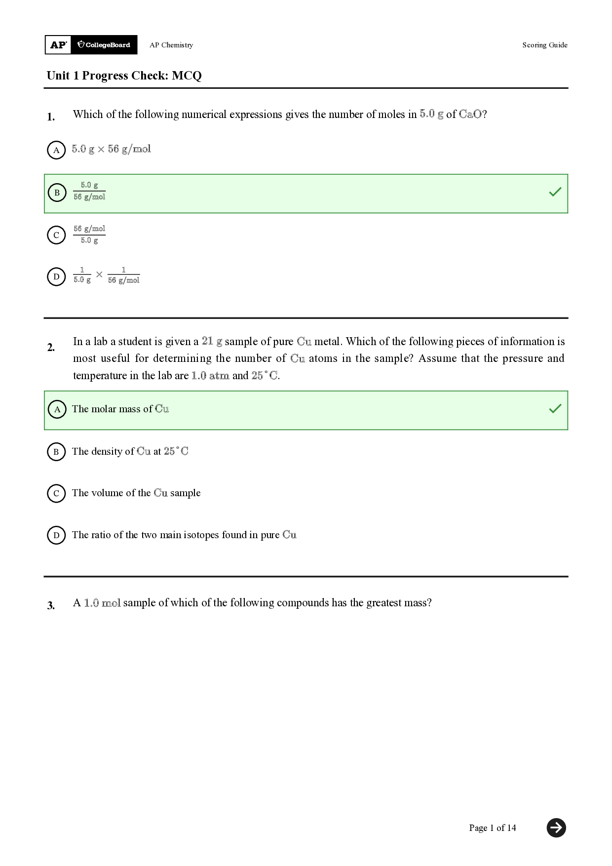 AP Chemistry Unit 1 Progress Check: MCQ Exam Questions and Answers