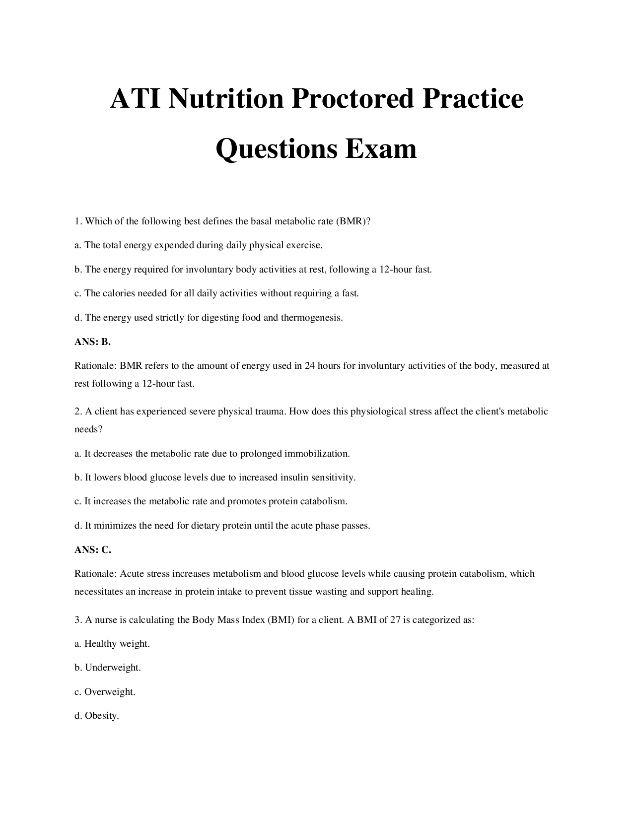 ATI Nutrition Proctored Practice Questions