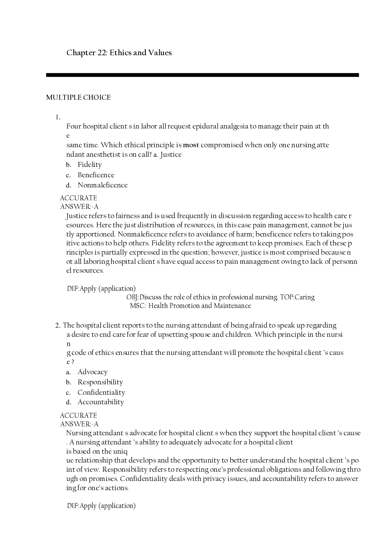 Ethics and Values in Nursing Practice Test Bank