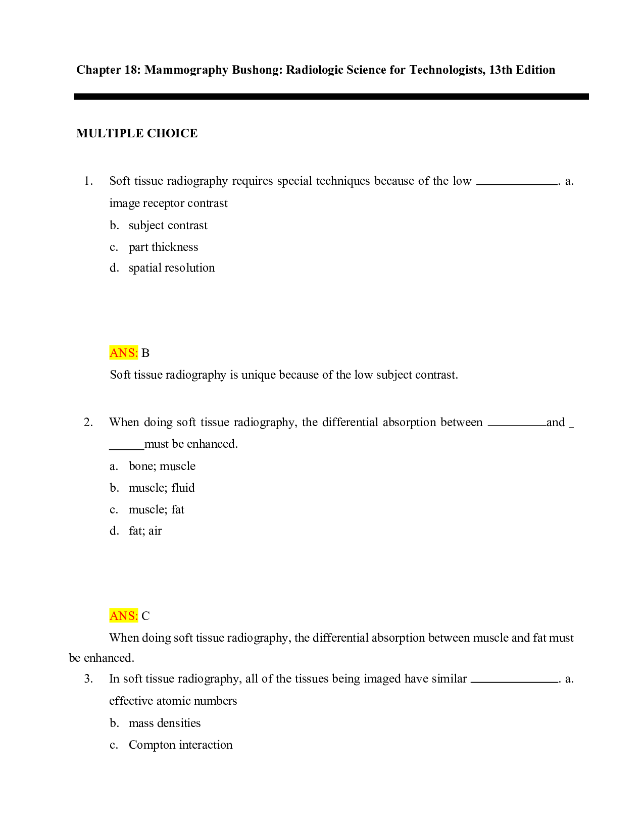 Bushong's Radiologic Science for Technologists, 13th Edition Chapter 18 Test Bank
