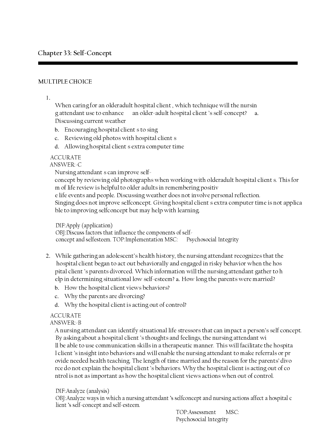Nursing Fundamentals: Self-Concept Chapter 33 Practice Questions