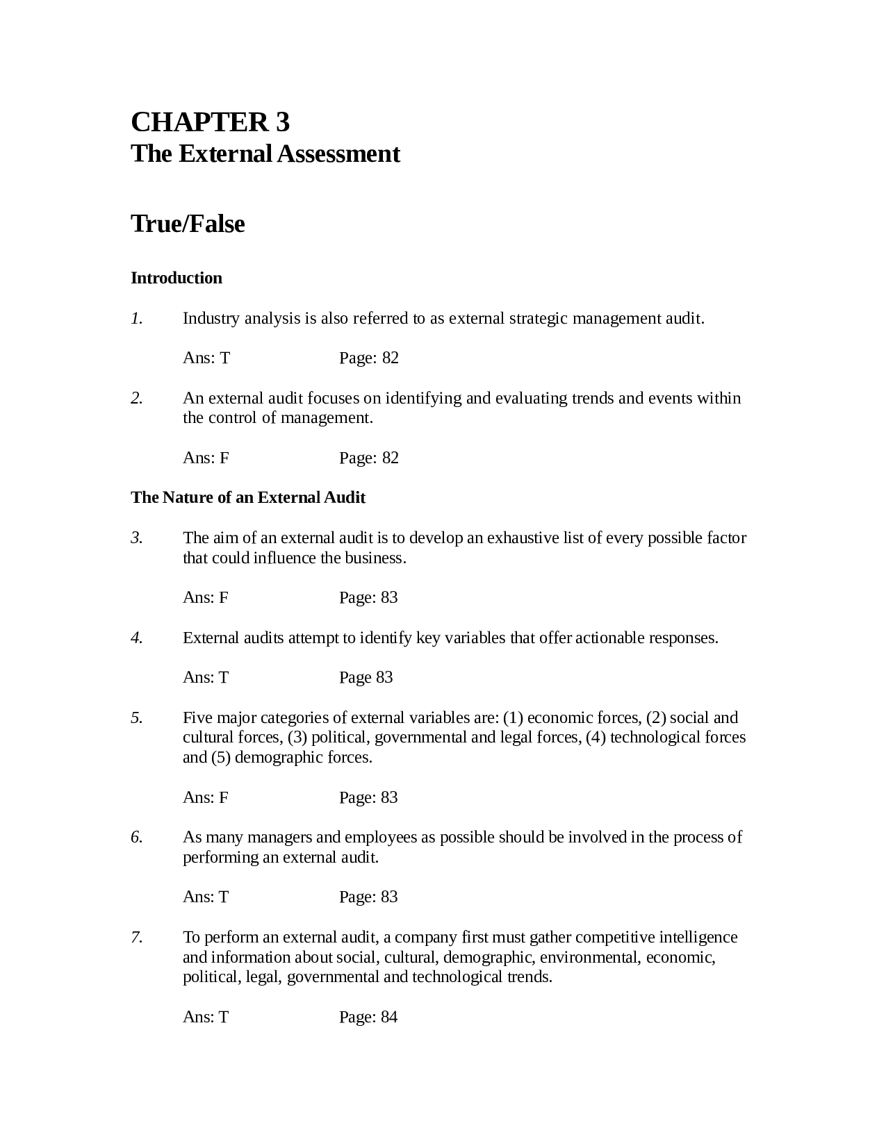 Strategic Management Chapter 3: The External Assessment Test Bank