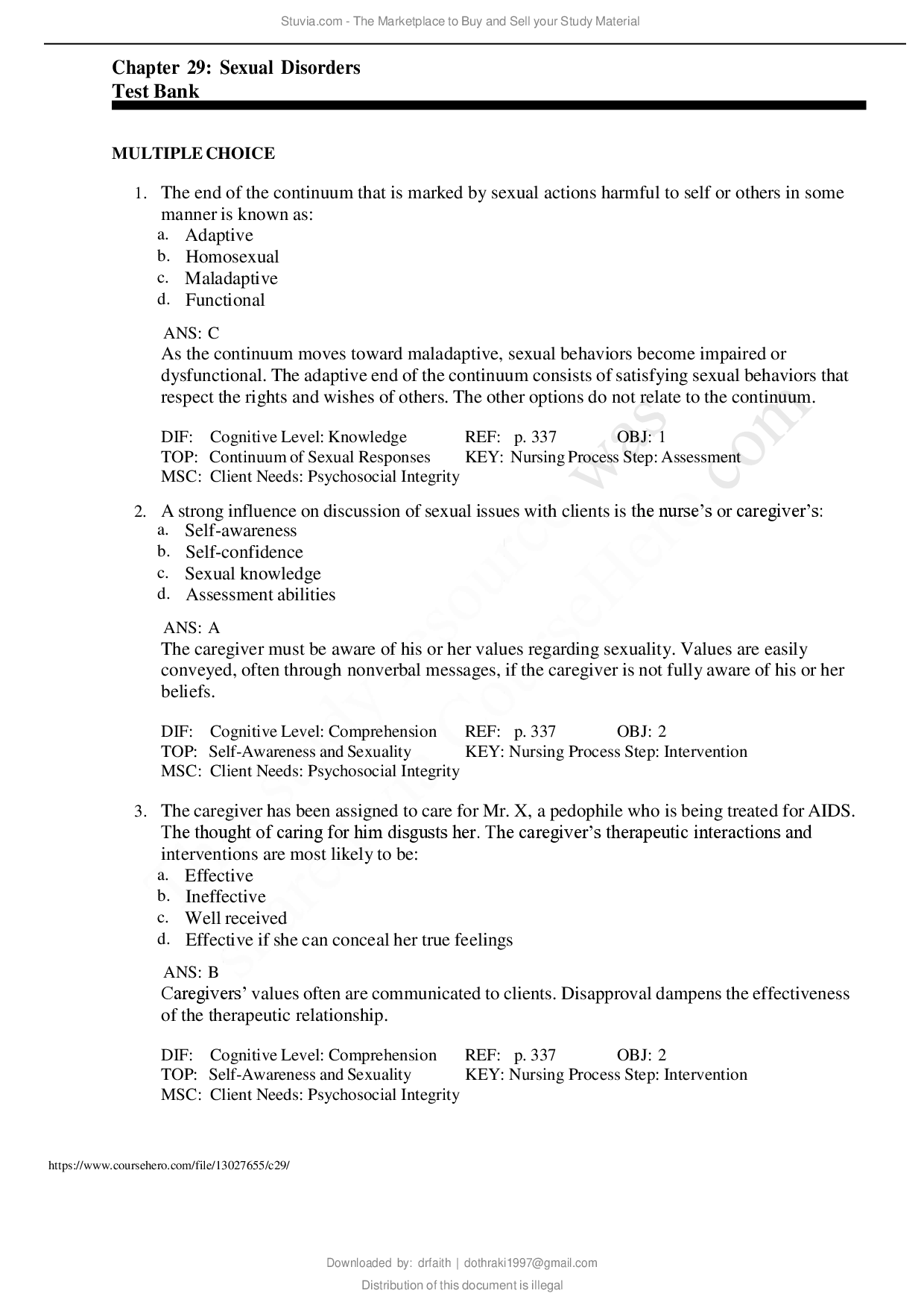 Sexual Disorders, Chapter 29 Test Bank