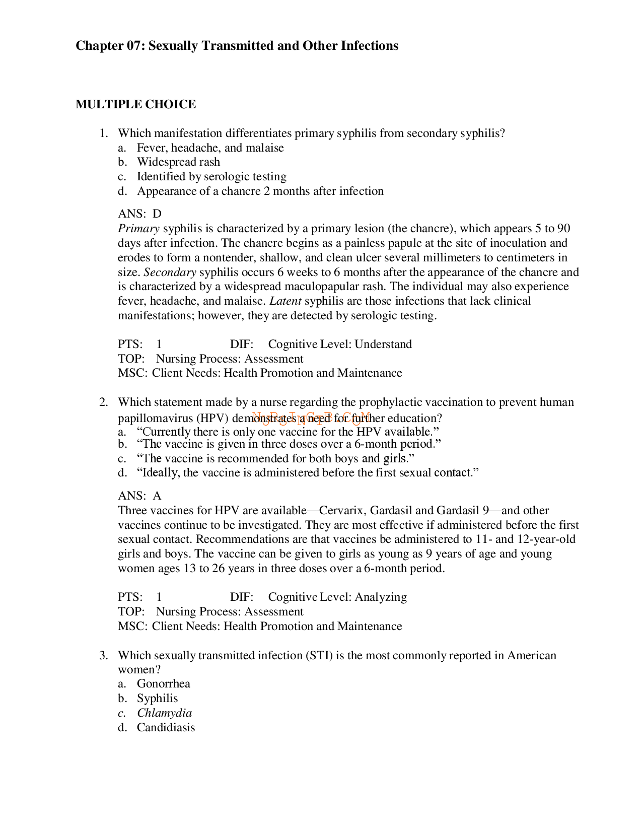 Maternity and Women's Health Care, Chapter 7: Sexually Transmitted and Other Infections Test Bank