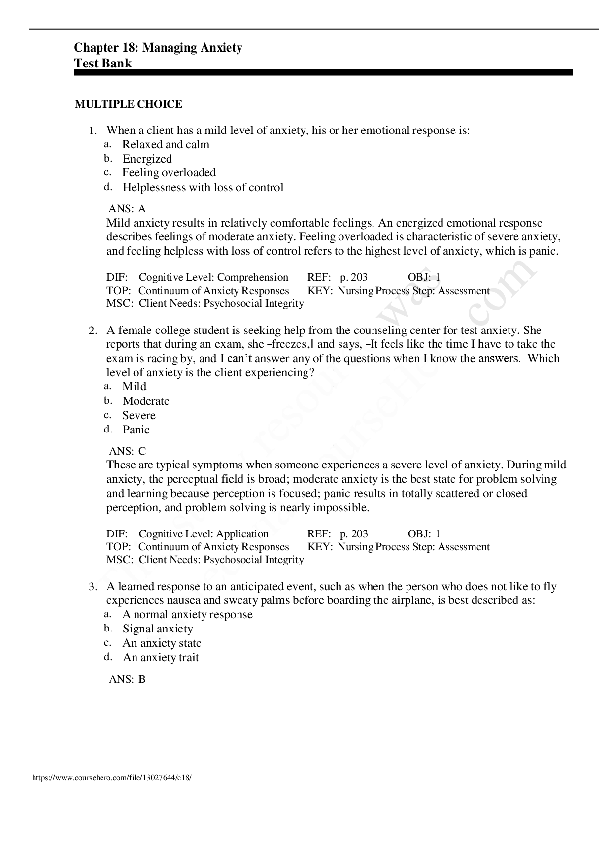 Managing Anxiety, Chapter 18 Test Bank