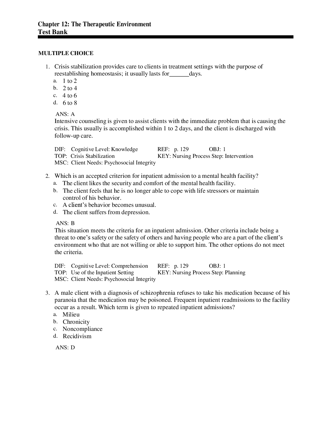 The Therapeutic Environment, Chapter 12 Test Bank