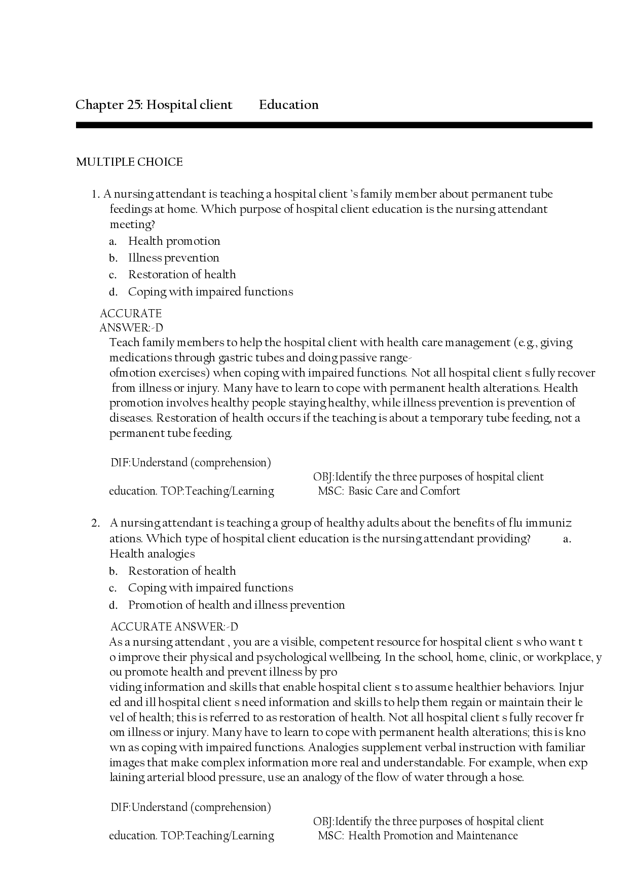 Patient Education Nursing Practice Questions