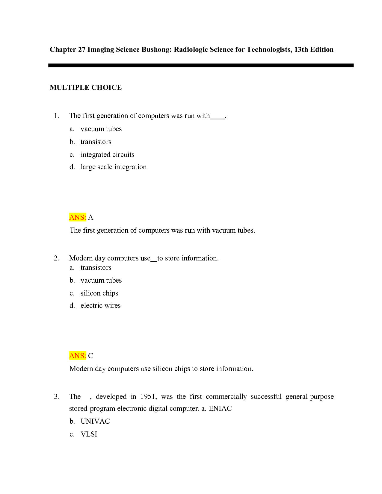 Radiologic Science for Technologists, 13th Edition Test Bank - Chapter 27
