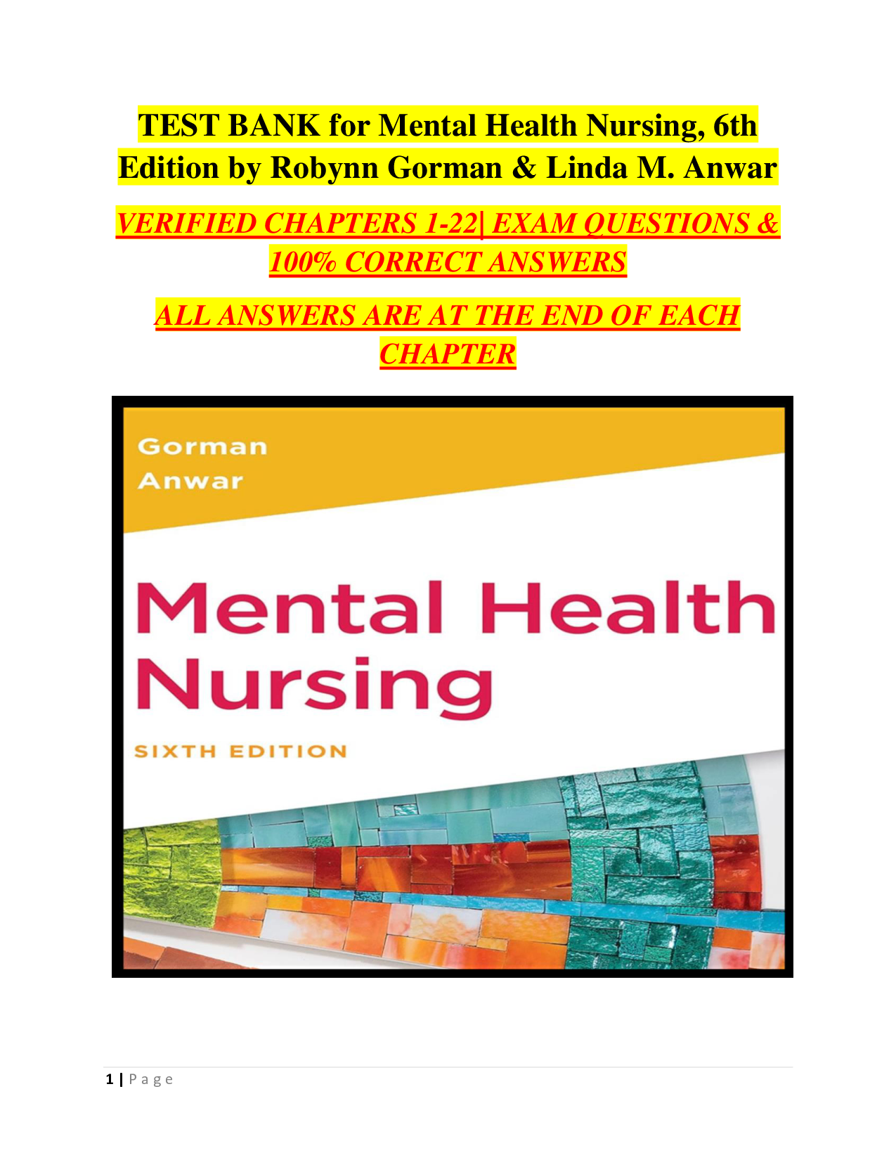 Mental Health Nursing, 6th Edition Test Bank by Gorman & Anwar