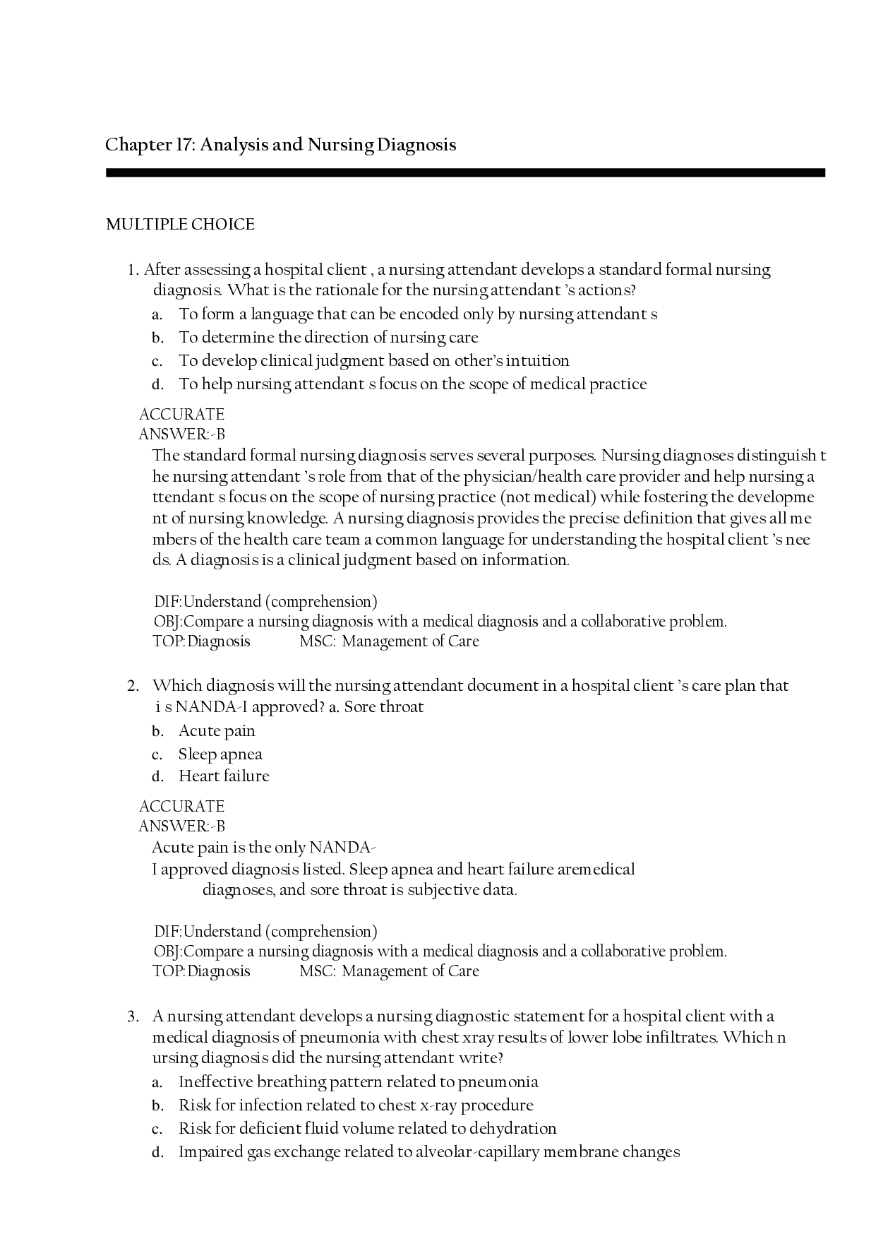 Nursing Fundamentals: Analysis and Nursing Diagnosis Test Bank