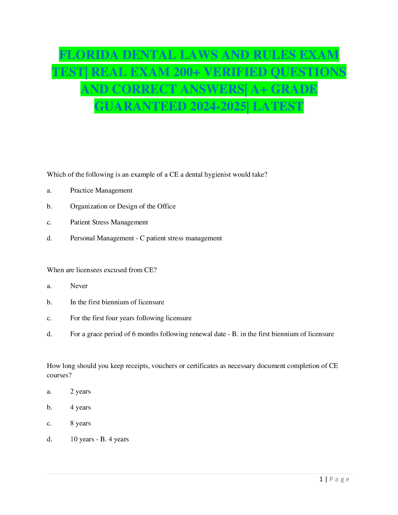 Florida Dental Laws and Rules Exam Practice Questions
