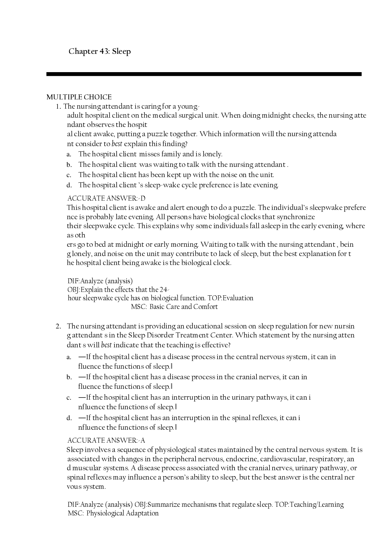 Nursing Fundamentals: Sleep Chapter Practice Questions