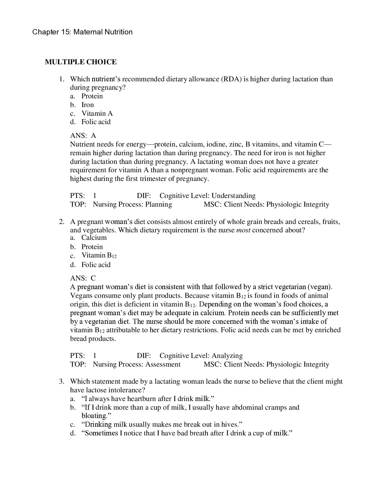 Maternal Nutrition Chapter 15 Test Bank
