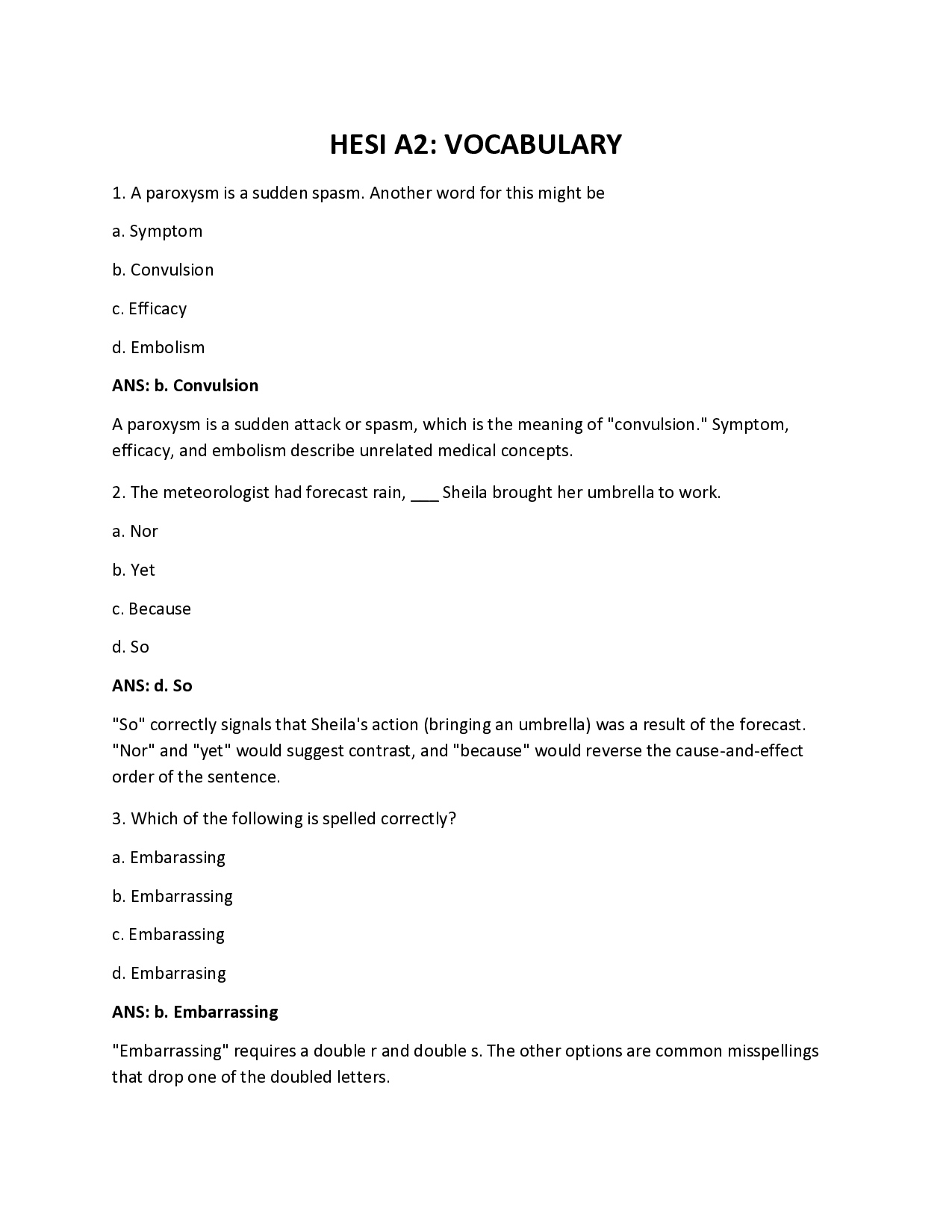 HESI A2 Vocabulary Practice Questions