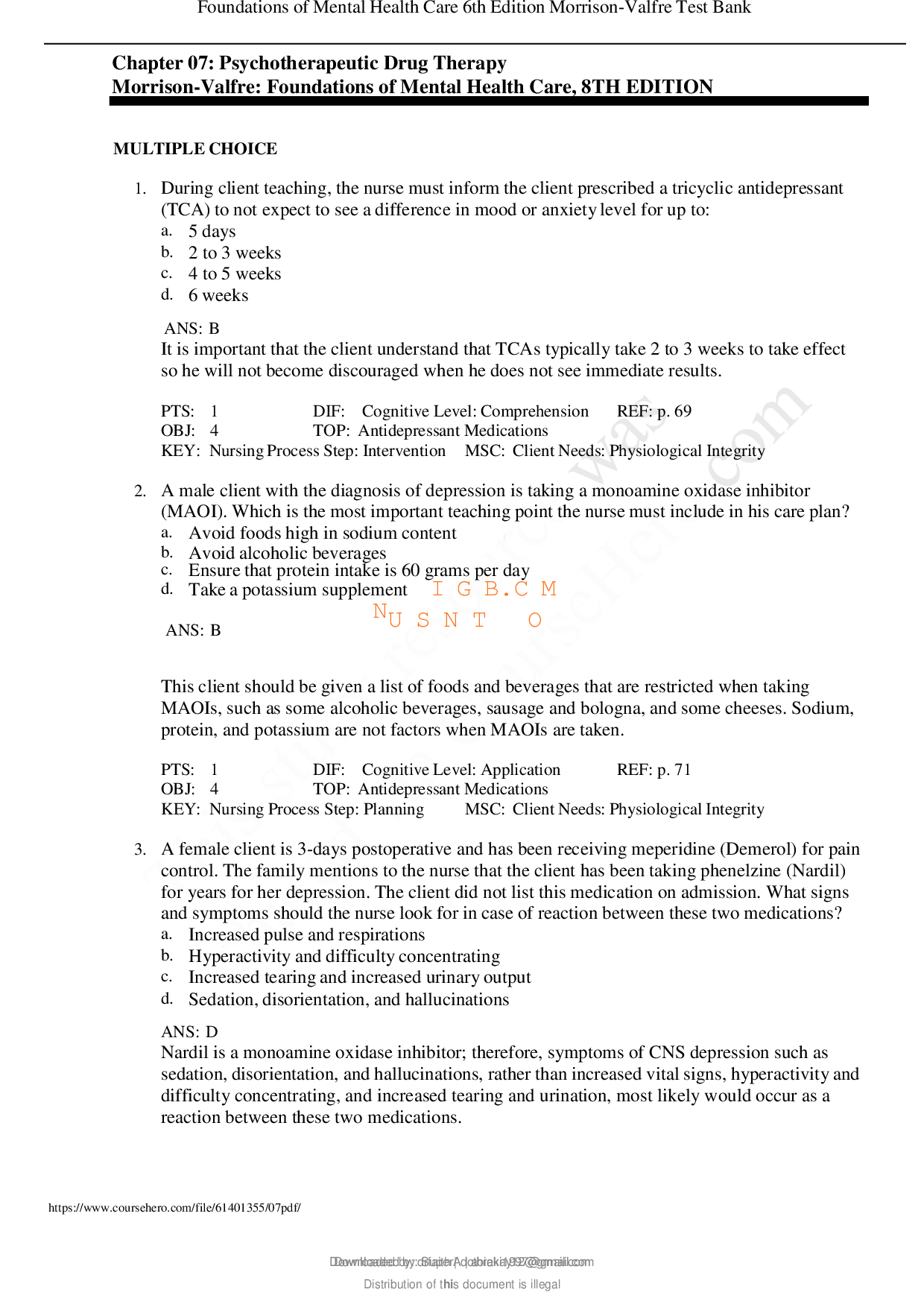 Foundations of Mental Health Care, 8th Edition Test Bank - Chapter 7