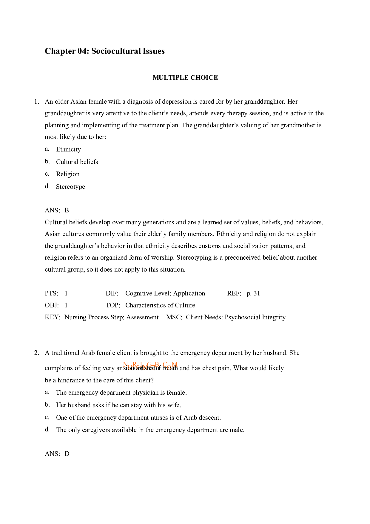 Sociocultural Issues in Nursing Chapter 4 Test Bank