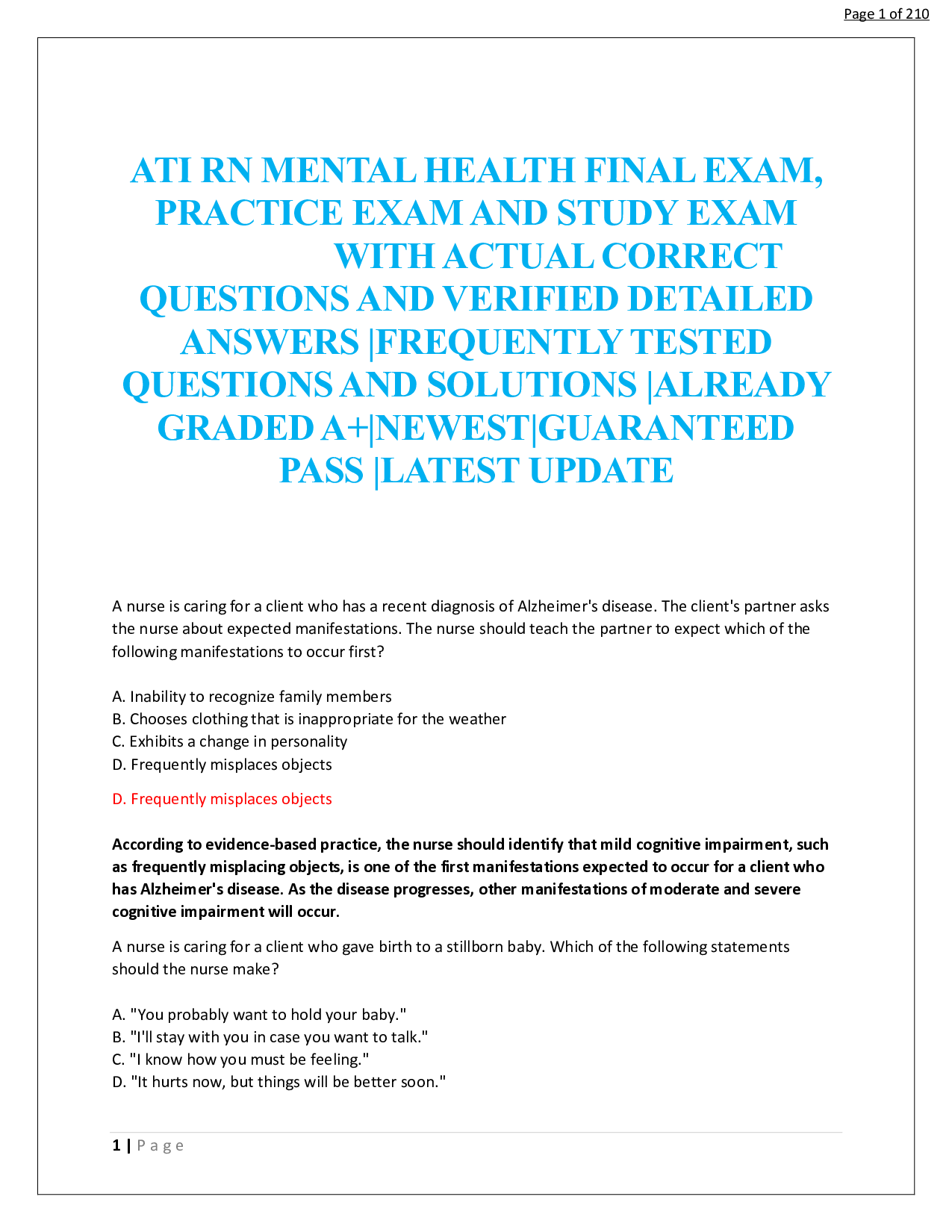 ATI RN Mental Health Final Exam Study Guide
