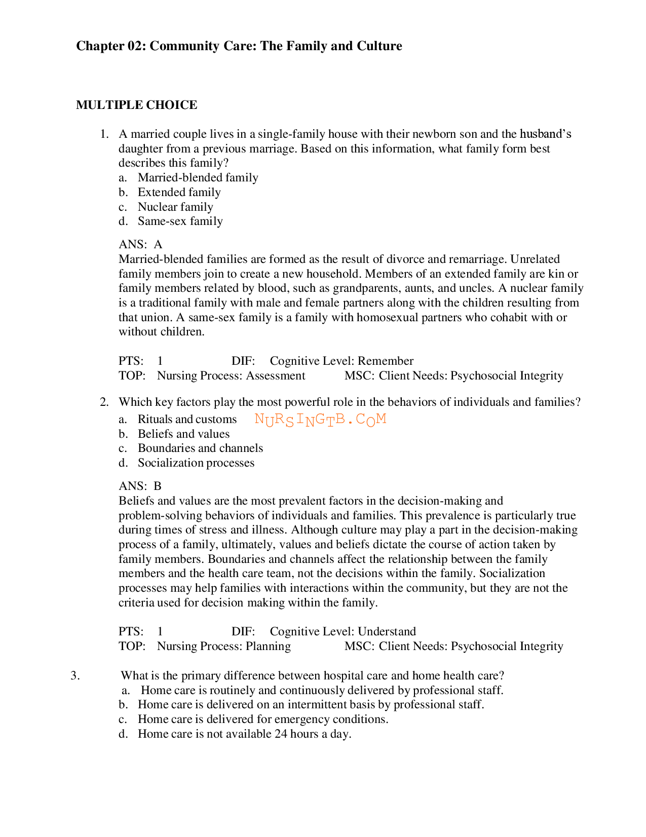 Community Care: The Family and Culture Test Bank