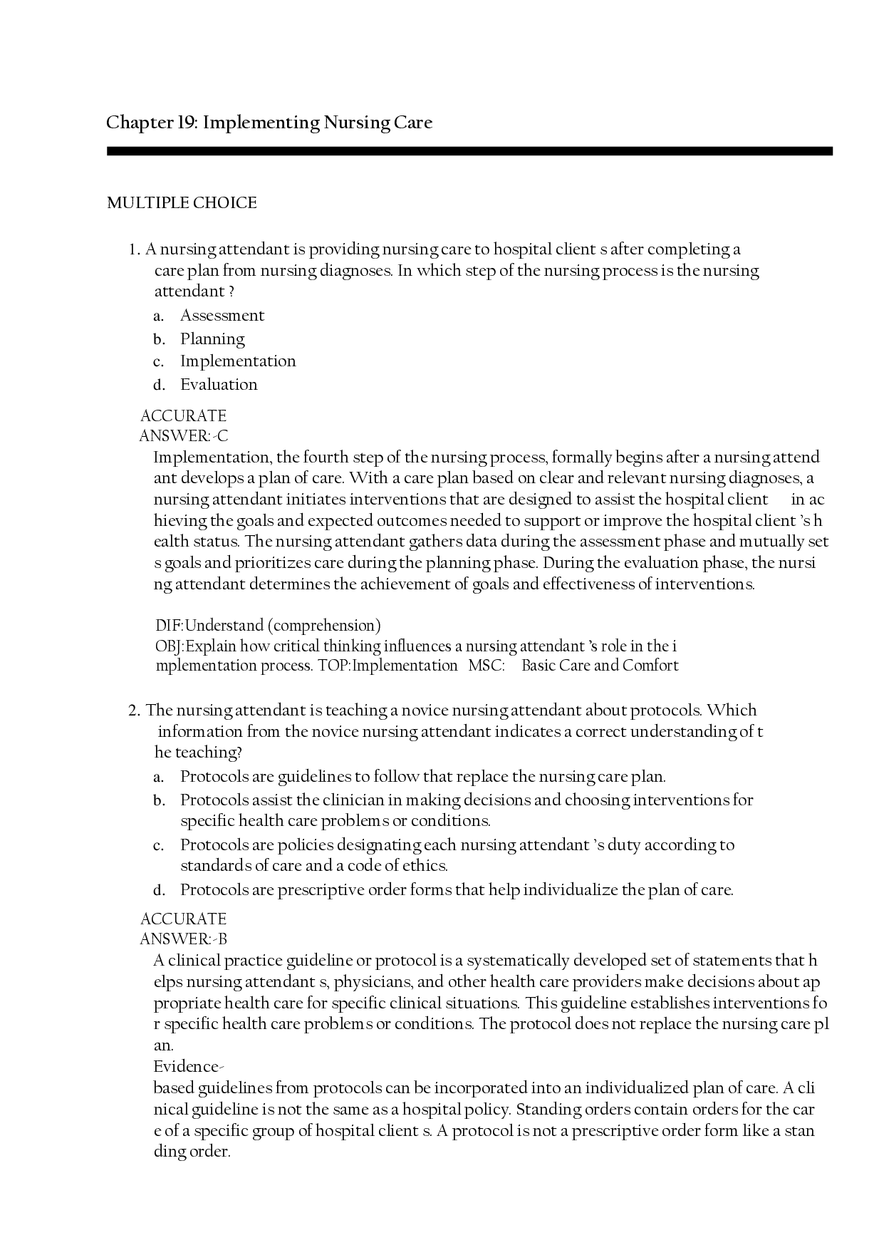 Implementing Nursing Care Chapter 19 Test Bank