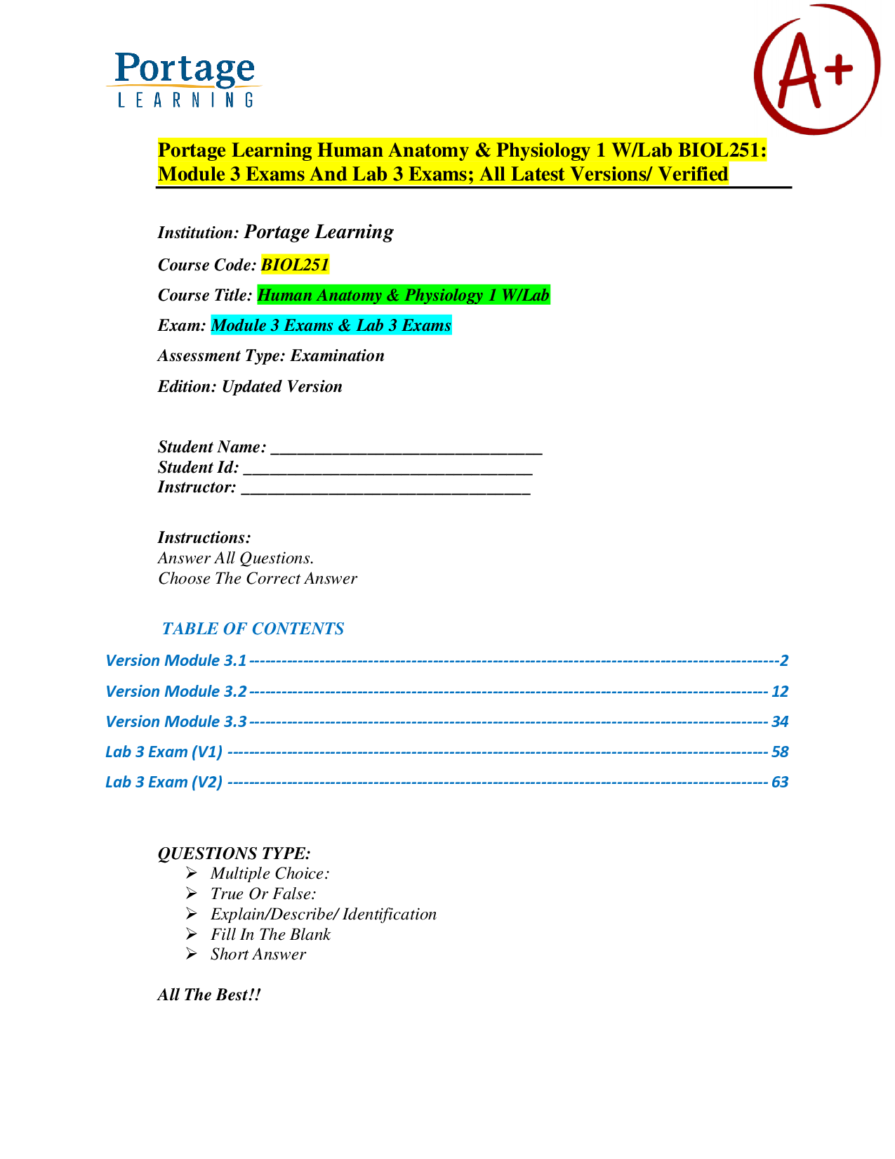 Portage Learning BIOL251 Human Anatomy & Physiology I: Module 3 Exam and Lab 3 Exam