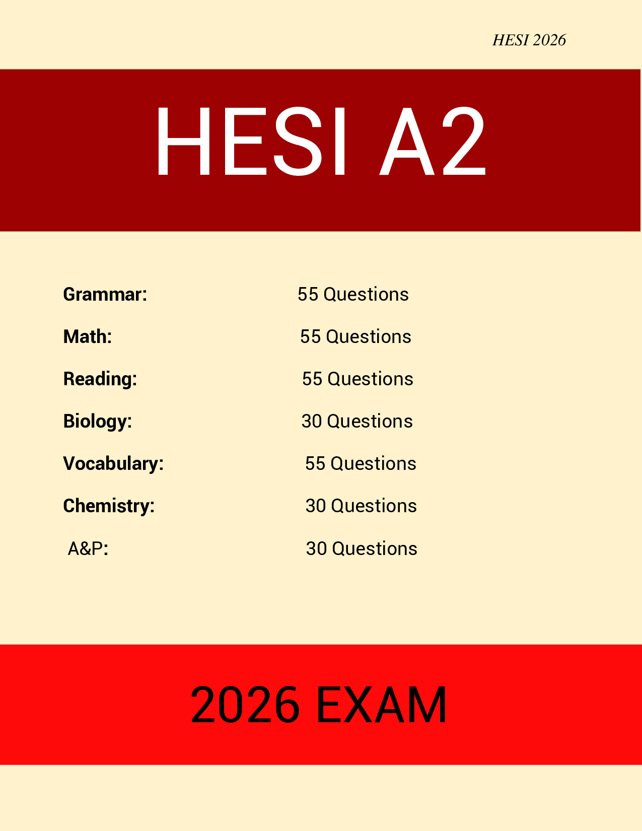 HESI A2: Grammar, Math, Reading, Biology, Vocabulary, Chemistry, A&P