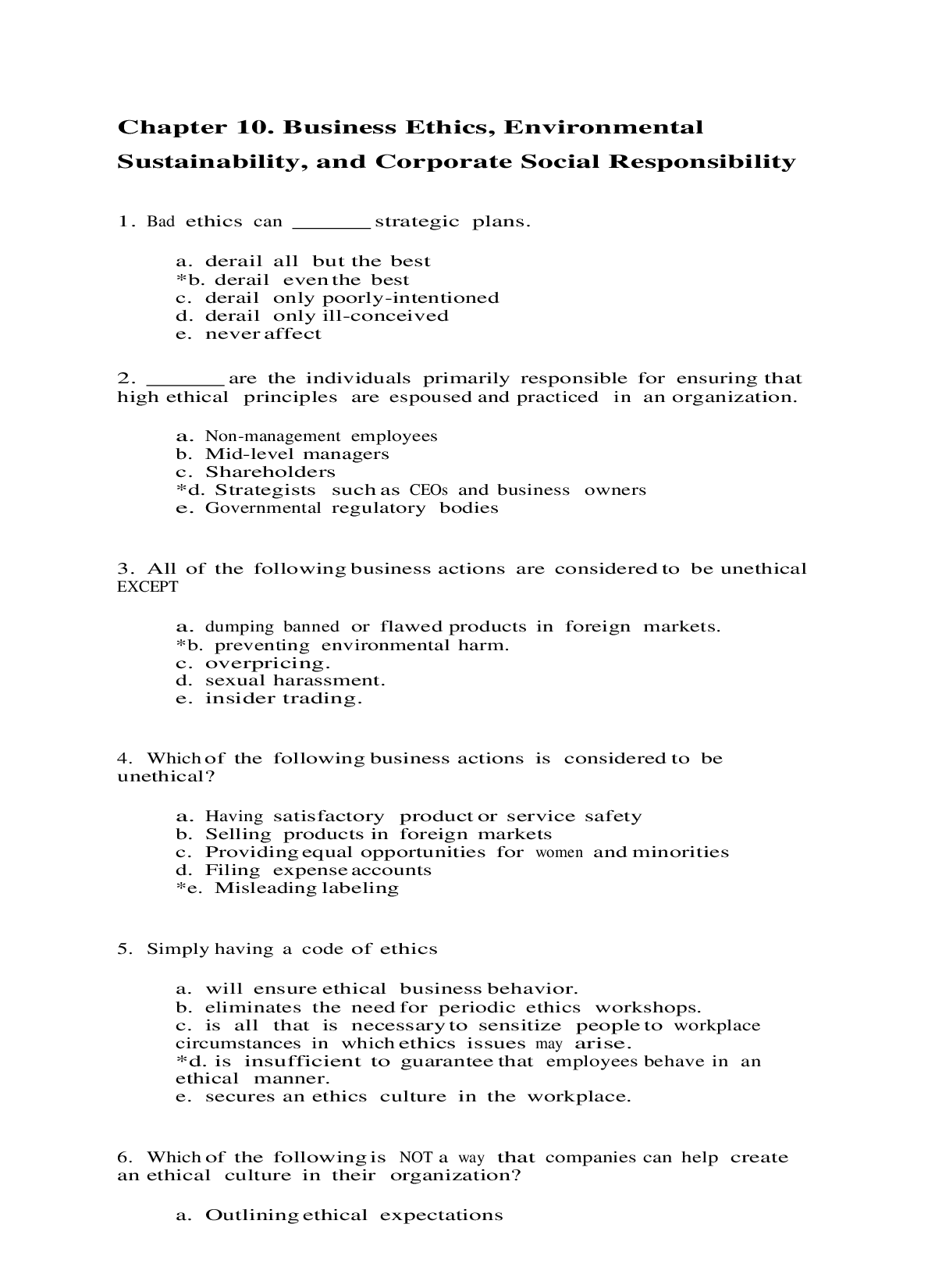Business Ethics, Environmental Sustainability, and Corporate Social Responsibility Test Bank