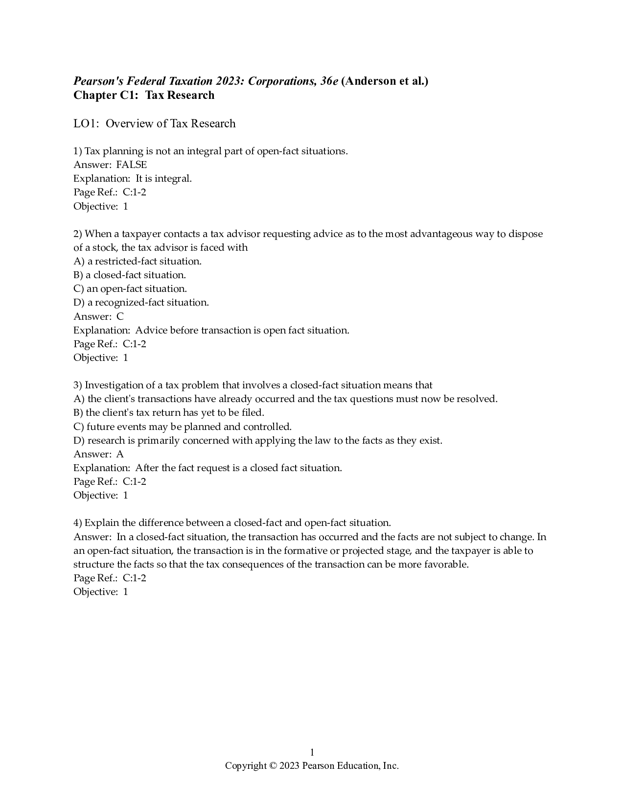 Pearson's Federal Taxation 2023: Corporations, 36th Edition Test Bank