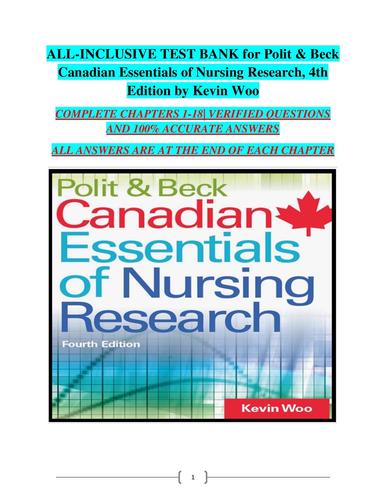 Polit & Beck Canadian Essentials of Nursing Research, 4th Edition Test Bank