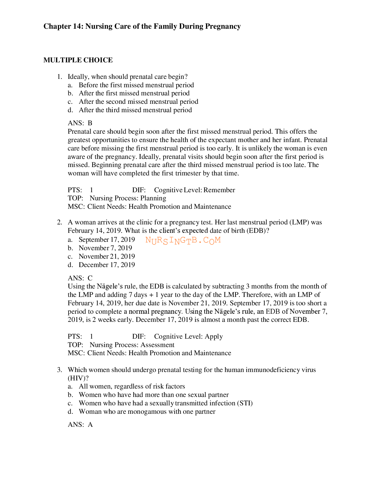 Nursing Care of the Family During Pregnancy Chapter 14 Test Bank