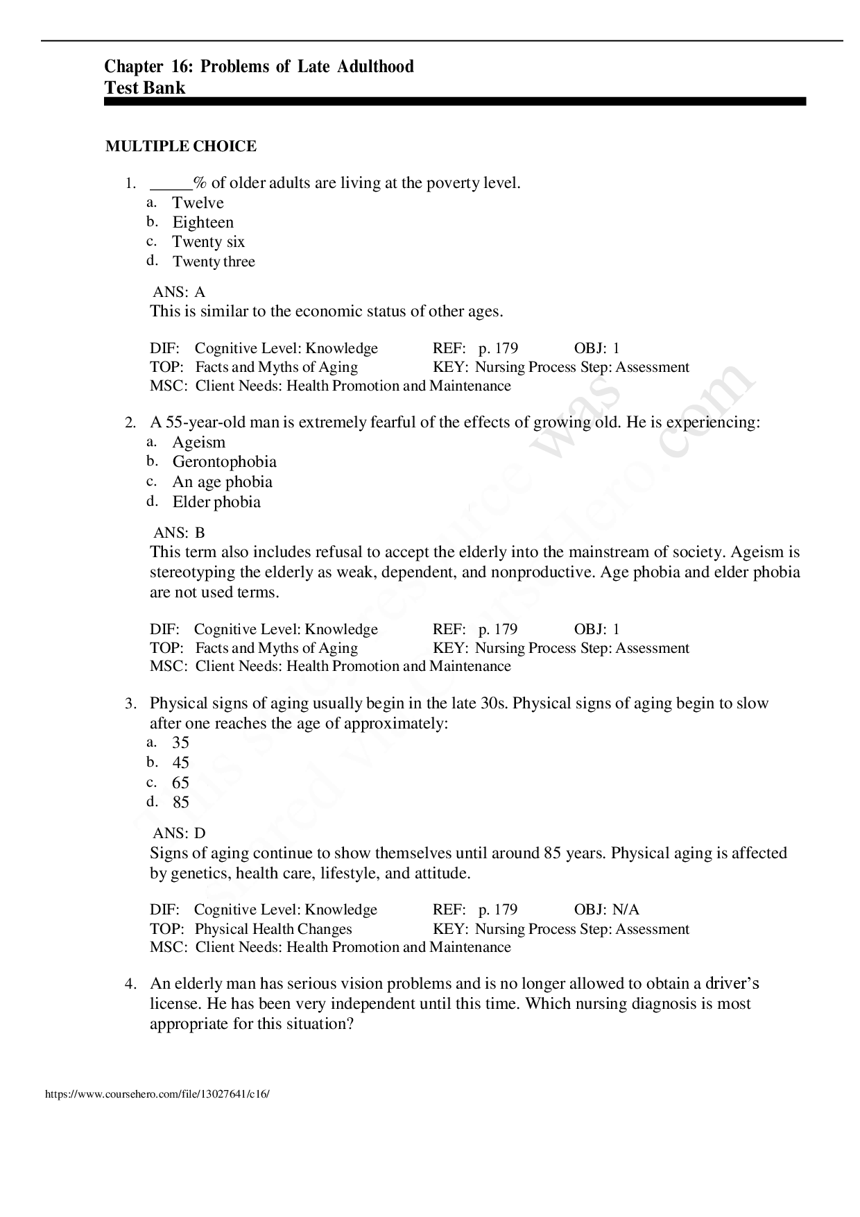 Problems of Late Adulthood Test Bank
