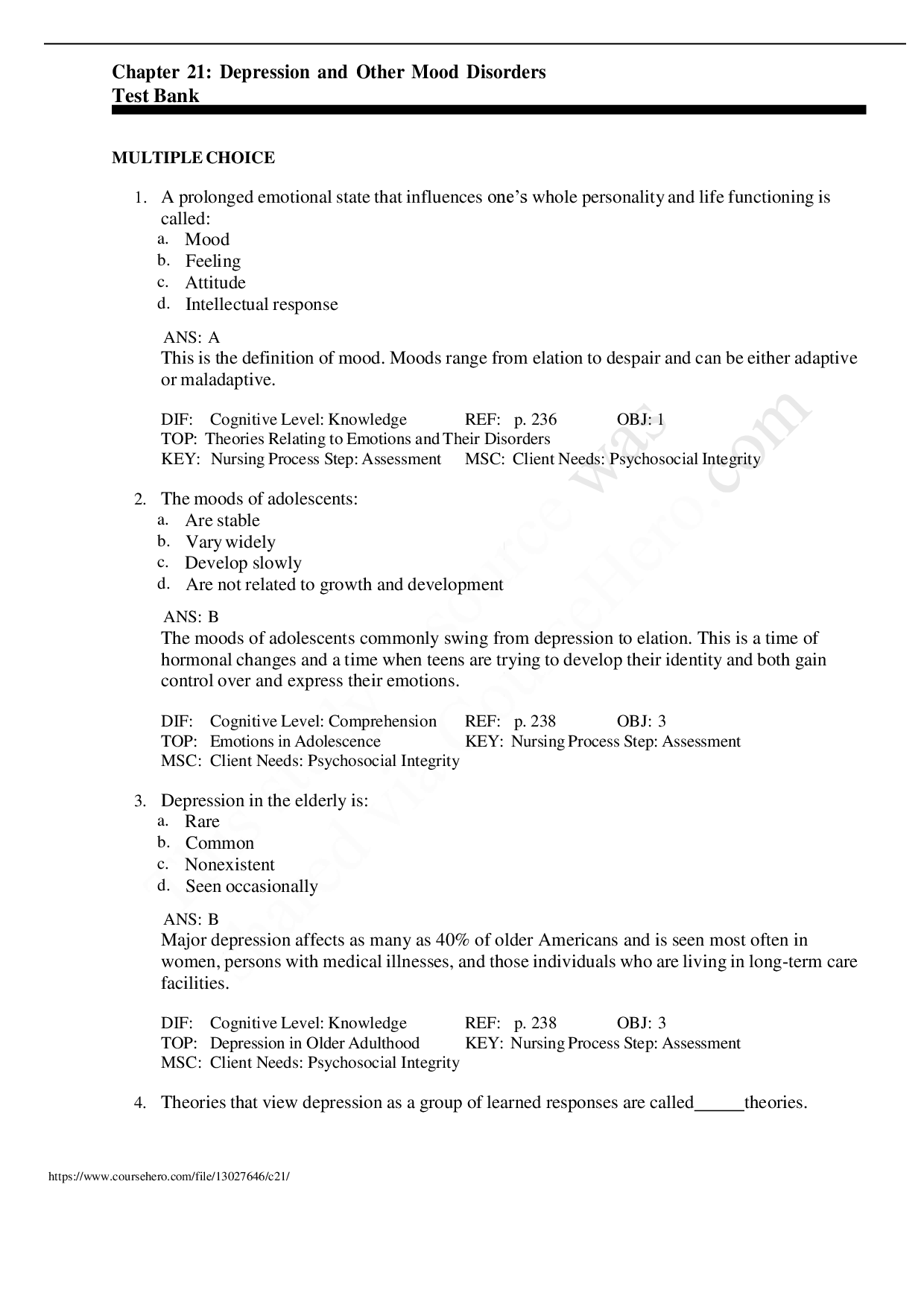 Depression and Other Mood Disorders Test Bank