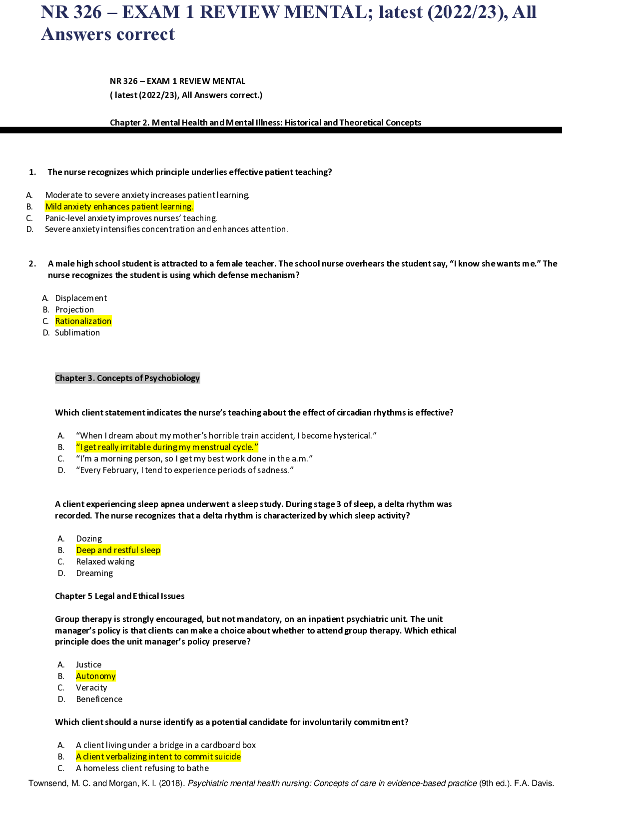 NR 326 Psychiatric Mental Health Nursing Exam 1 Review