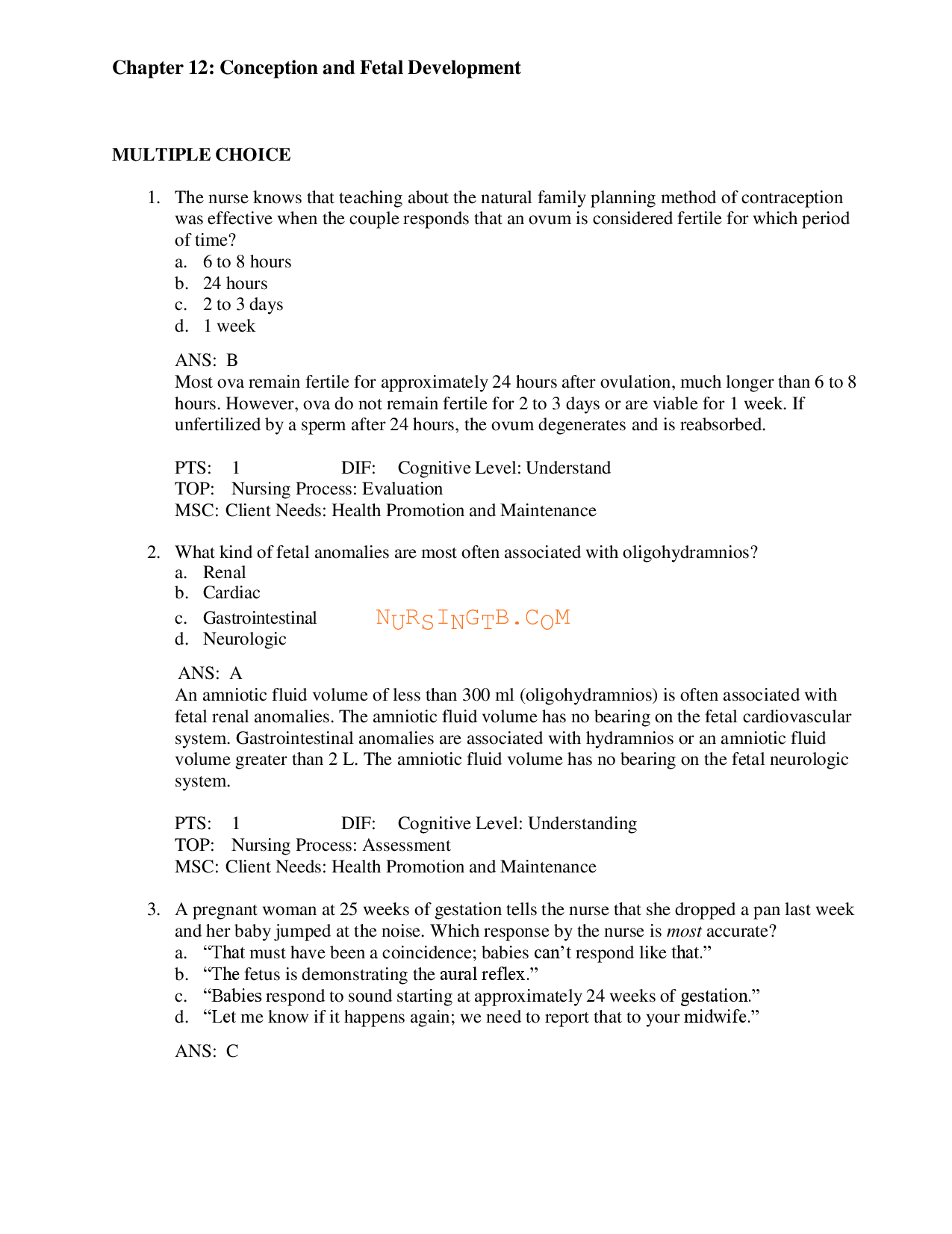 Maternity Nursing: Conception and Fetal Development Test Bank