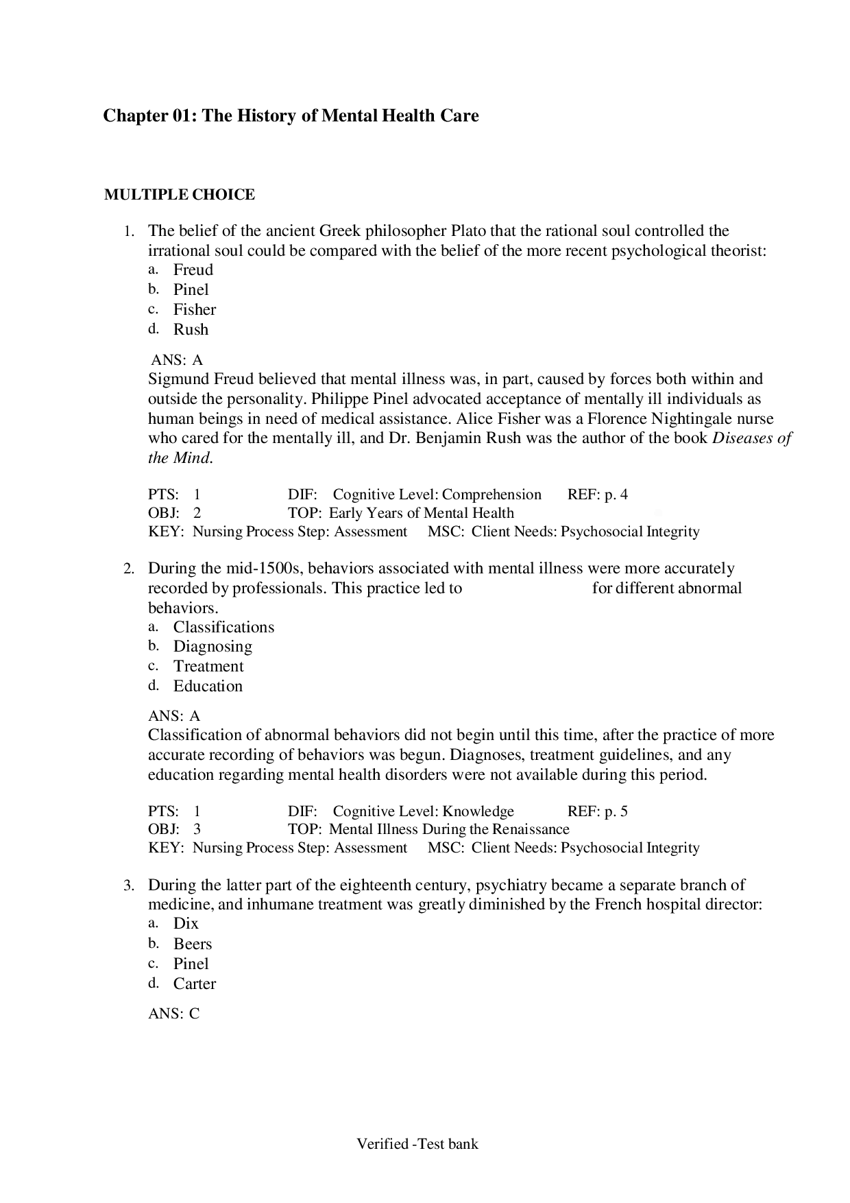 Mental Health Nursing: The History of Mental Health Care Test Bank