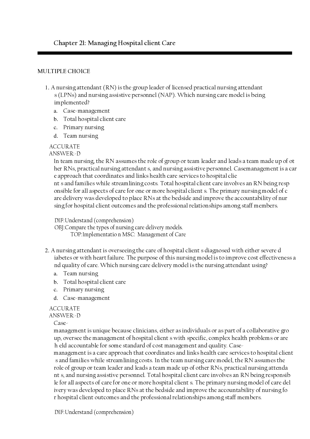 Managing Patient Care, Chapter 21 Test Bank
