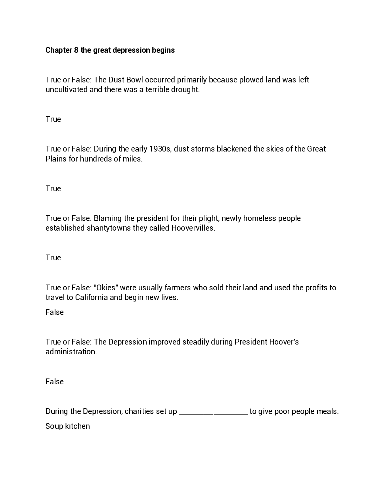 Chapter 8: The Great Depression Begins Practice Questions