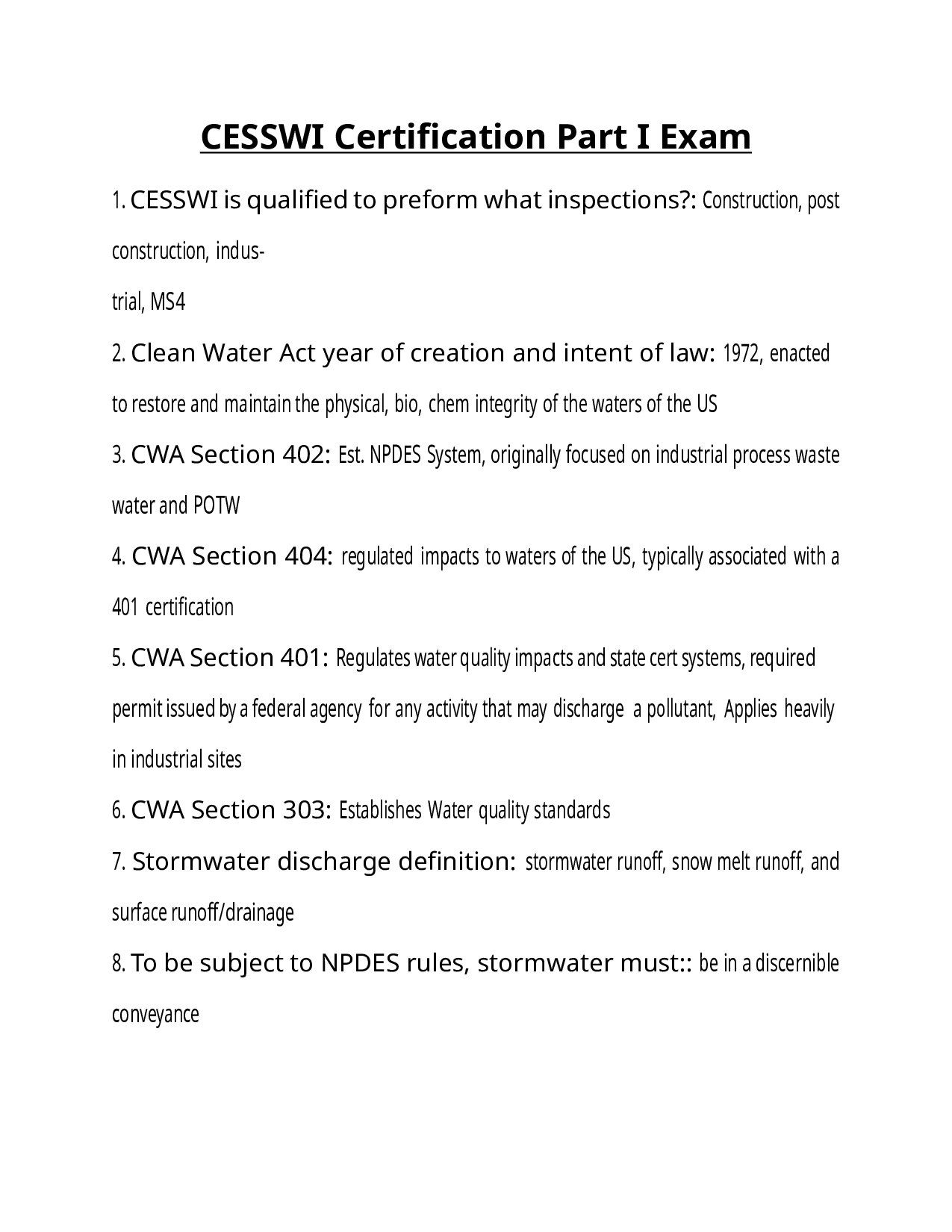 CESSWI Certification Part I Exam Questions and Answers