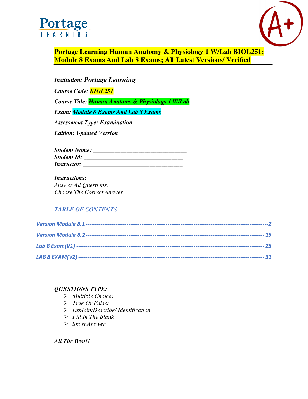 Portage Learning BIOL251 Human Anatomy & Physiology I: Module 8 and Lab 8 Exams