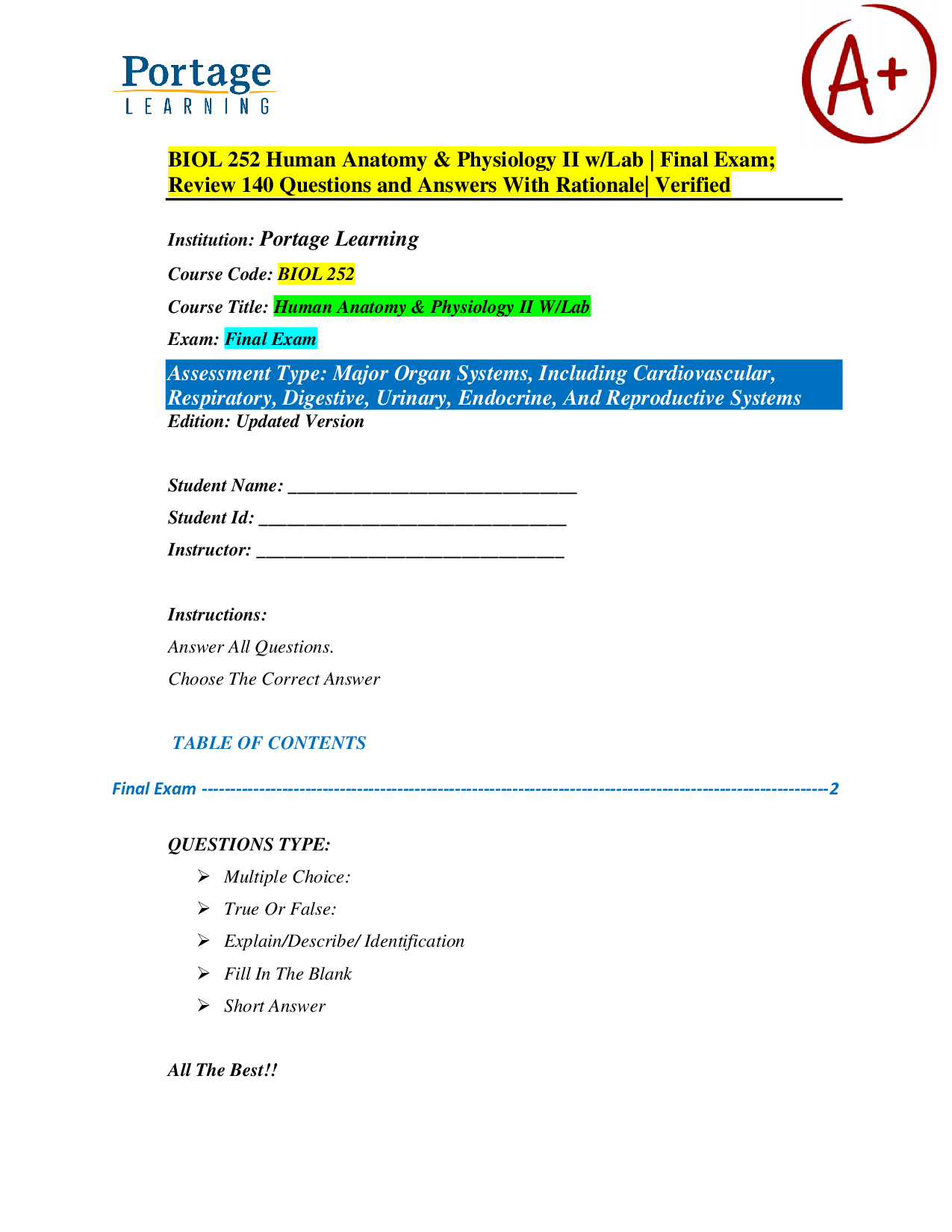 Portage Learning BIOL 252 Human Anatomy & Physiology II Final Exam Review