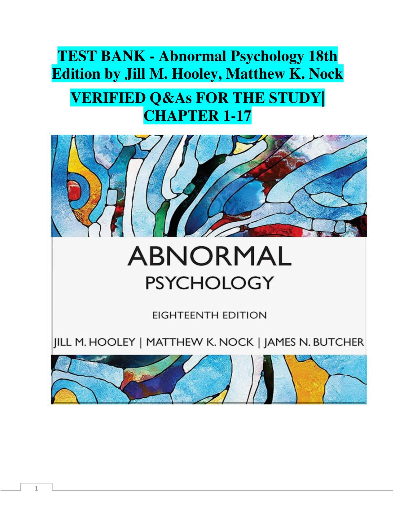 Abnormal Psychology, 18th Edition Test Bank by Hooley & Nock